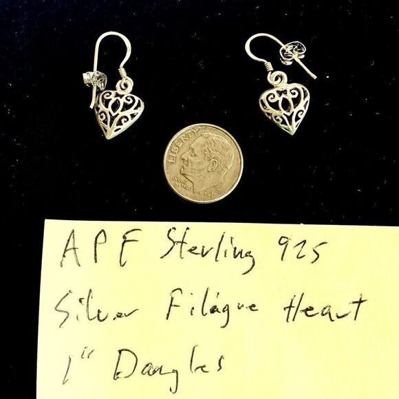 APF Sterling 925 Heart Filigree 1” Dangle Earrings - Picture 6 of 6